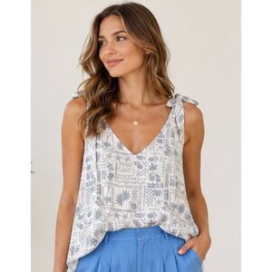 Splendid Tie Strap Tank Top Sunny Print V Neck 100% Viscose NWT Size L